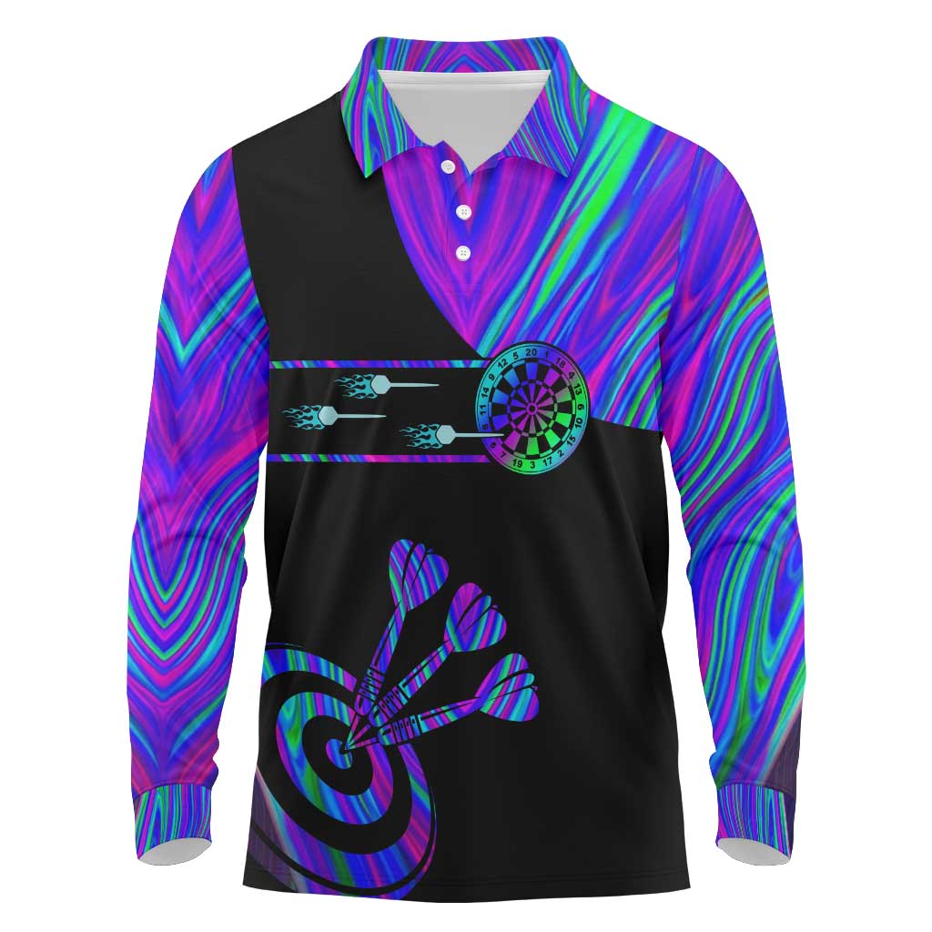 Neon Dartboard Darts Long Sleeve Polo Shirt with Colorful Target and Psychedelic Swirl Pattern - Wonder Print Shop
