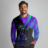 Neon Dartboard Darts Long Sleeve Polo Shirt with Colorful Target and Psychedelic Swirl Pattern - Wonder Print Shop
