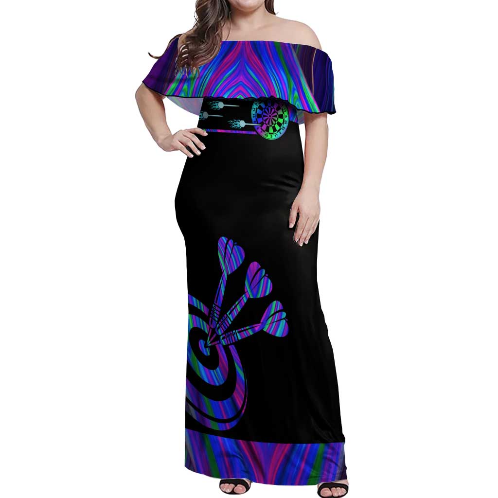 Neon Dartboard Darts Off Shoulder Maxi Dress with Colorful Target and Psychedelic Swirl Pattern - Wonder Print Shop