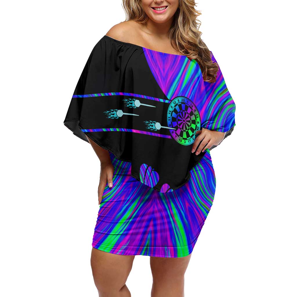 Neon Dartboard Darts Off Shoulder Short Dress with Colorful Target and Psychedelic Swirl Pattern - Wonder Print Shop