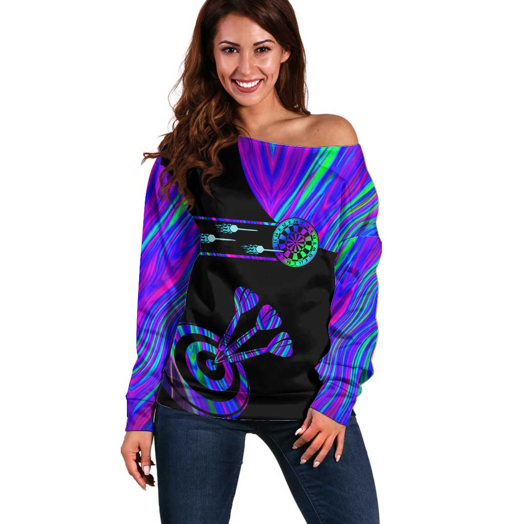 Neon Dartboard Darts Off Shoulder Sweater with Colorful Target and Psychedelic Swirl Pattern - Wonder Print Shop