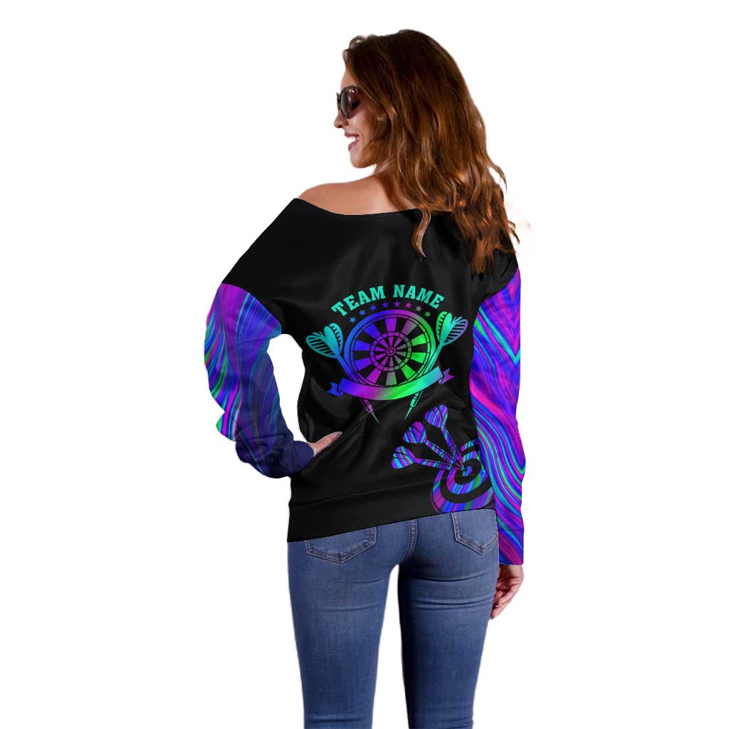 Neon Dartboard Darts Off Shoulder Sweater with Colorful Target and Psychedelic Swirl Pattern - Wonder Print Shop