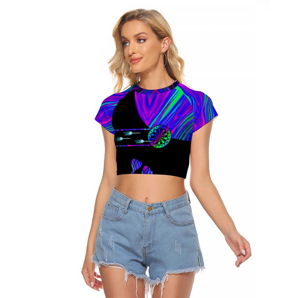 Neon Dartboard Darts Raglan Cropped T Shirt with Colorful Target and Psychedelic Swirl Pattern - Wonder Print Shop