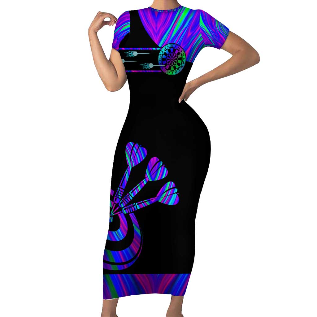Neon Dartboard Darts Short Sleeve Bodycon Dress with Colorful Target and Psychedelic Swirl Pattern - Wonder Print Shop