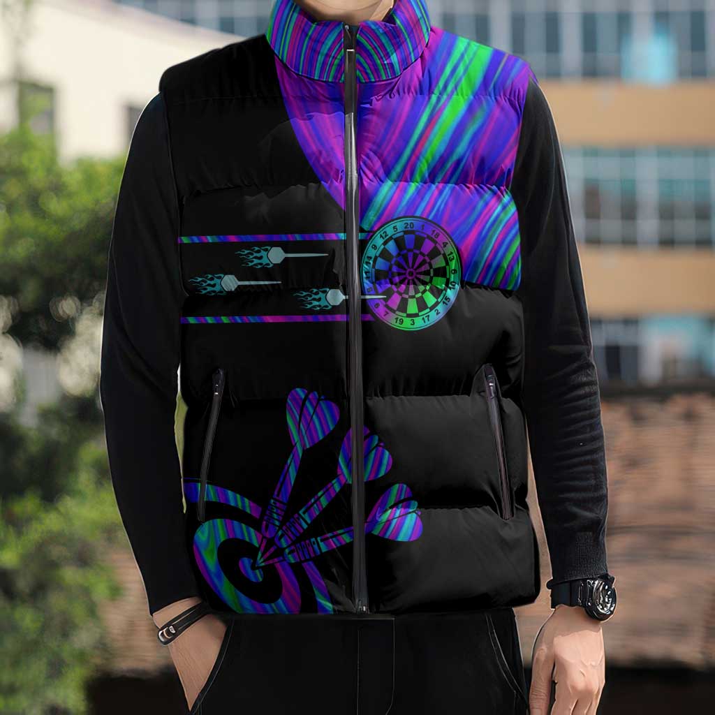 Neon Dartboard Darts Sleeveless Puffer Jacket with Colorful Target and Psychedelic Swirl Pattern - Wonder Print Shop