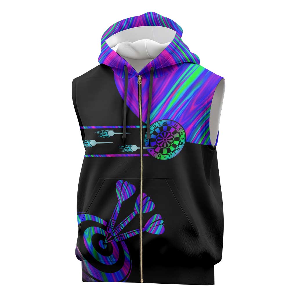 Neon Dartboard Darts Sleeveless Zip Hoodie with Colorful Target and Psychedelic Swirl Pattern - Wonder Print Shop