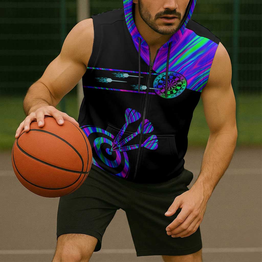 Neon Dartboard Darts Sleeveless Zip Hoodie with Colorful Target and Psychedelic Swirl Pattern - Wonder Print Shop