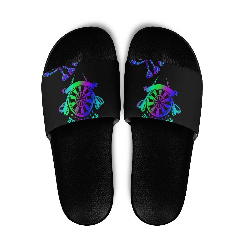 Neon Dartboard Darts Slide Sandals with Colorful Target and Psychedelic Swirl Pattern - Wonder Print Shop
