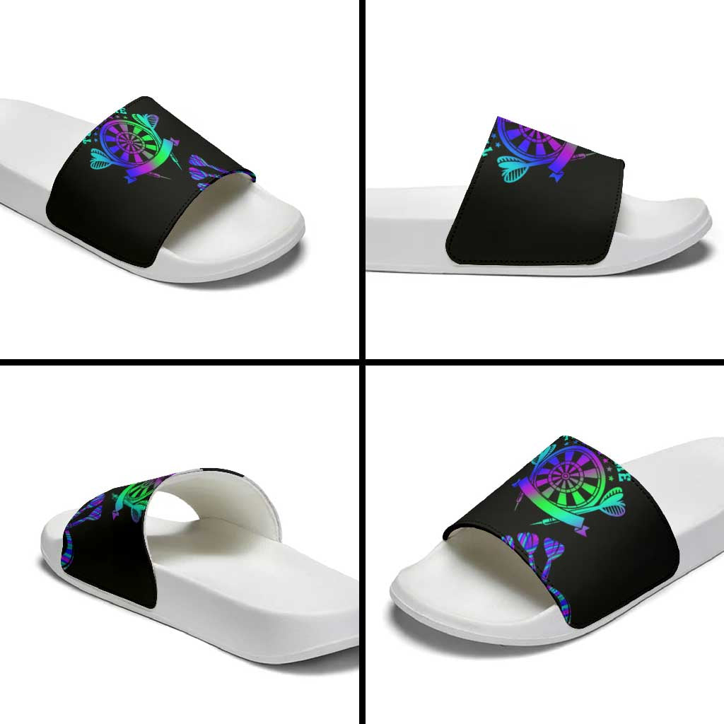 Neon Dartboard Darts Slide Sandals with Colorful Target and Psychedelic Swirl Pattern - Wonder Print Shop