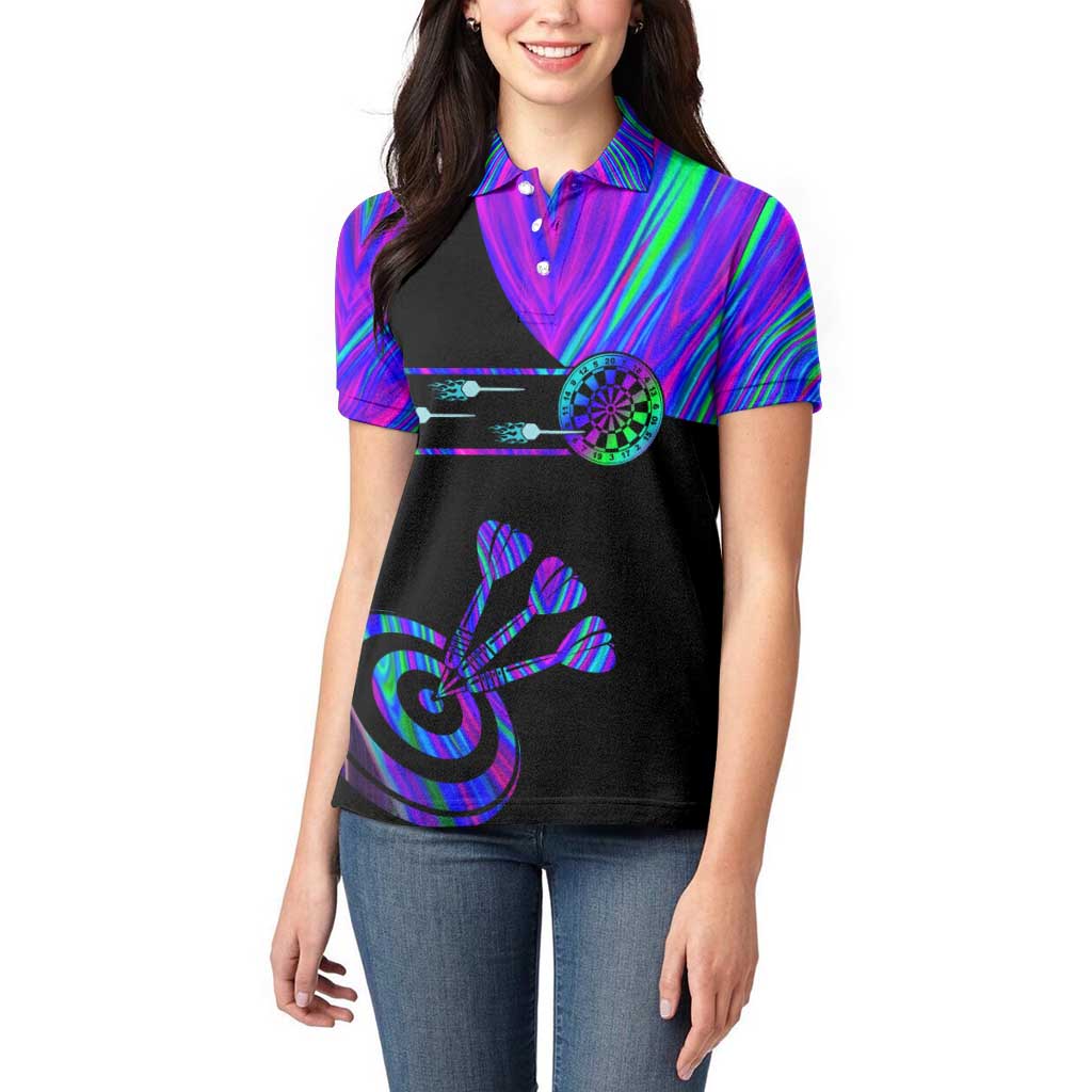 Neon Dartboard Darts Women Polo Shirt with Colorful Target and Psychedelic Swirl Pattern - Wonder Print Shop