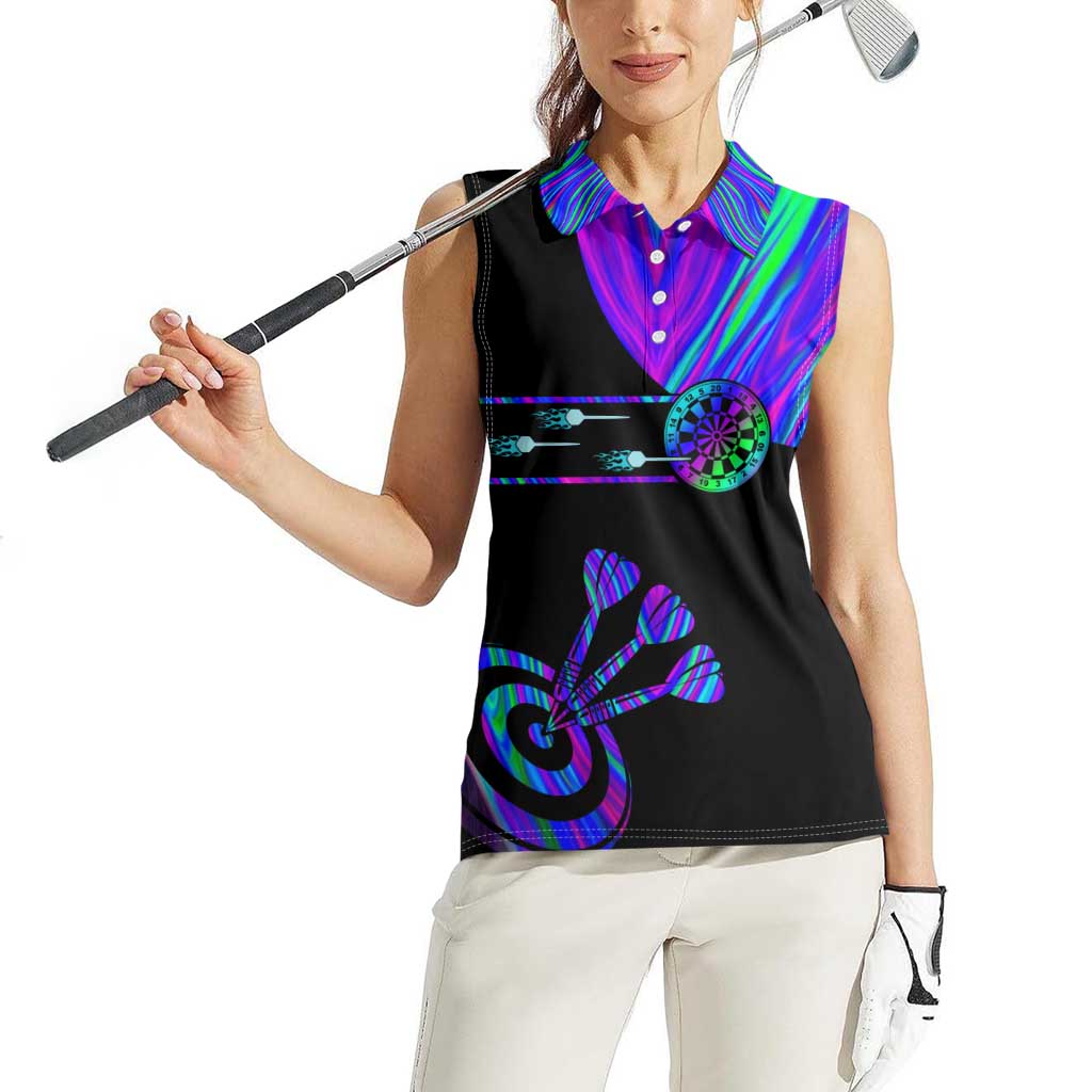 Neon Dartboard Darts Women Sleeveless Polo Shirt with Colorful Target and Psychedelic Swirl Pattern - Wonder Print Shop