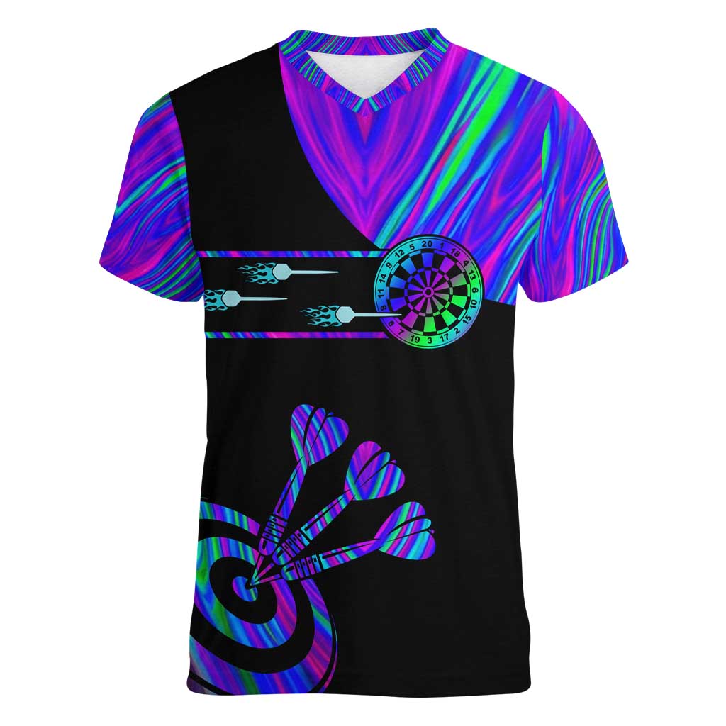 Neon Dartboard Darts Women V-Neck T-Shirt with Colorful Target and Psychedelic Swirl Pattern - Wonder Print Shop