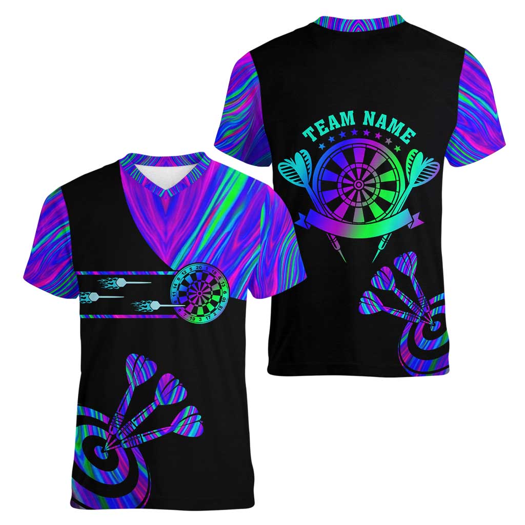Neon Dartboard Darts Women V-Neck T-Shirt with Colorful Target and Psychedelic Swirl Pattern - Wonder Print Shop