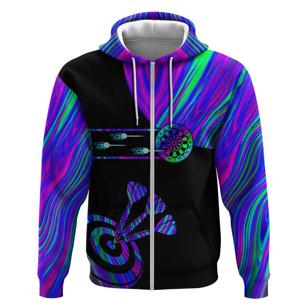 Neon Dartboard Darts Zip Hoodie with Colorful Target and Psychedelic Swirl Pattern - Wonder Print Shop