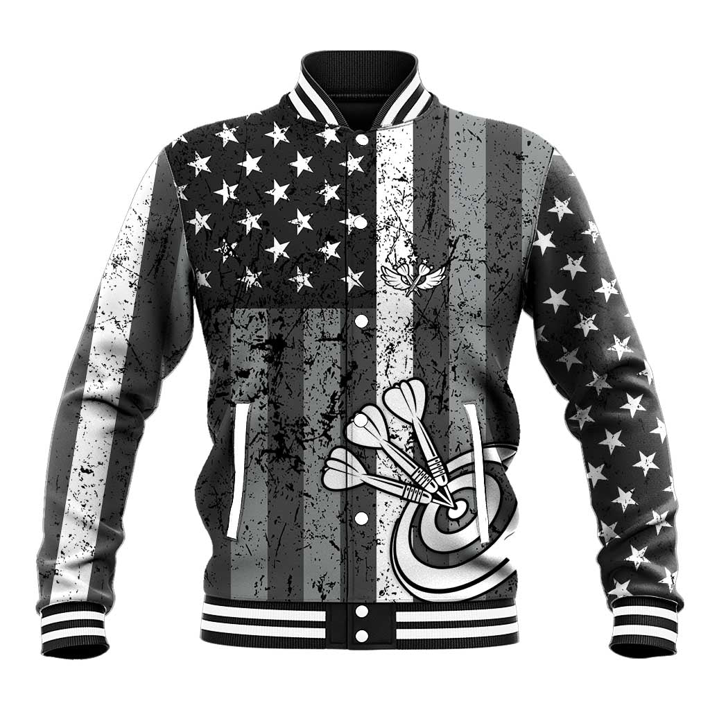 Grunge American Flag Darts Baseball Jacket with Dartboard Target and Black White Stars - Wonder Print Shop