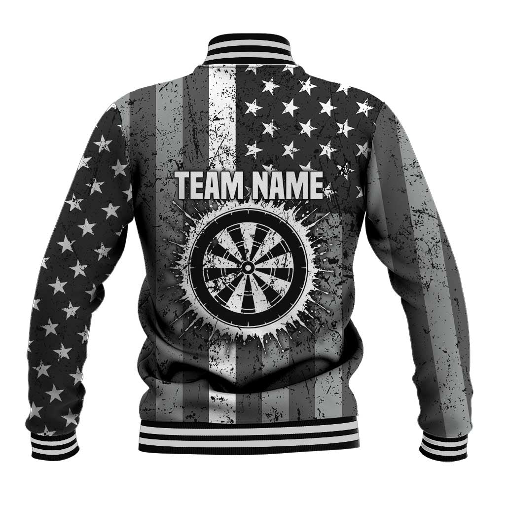 Grunge American Flag Darts Baseball Jacket with Dartboard Target and Black White Stars - Wonder Print Shop