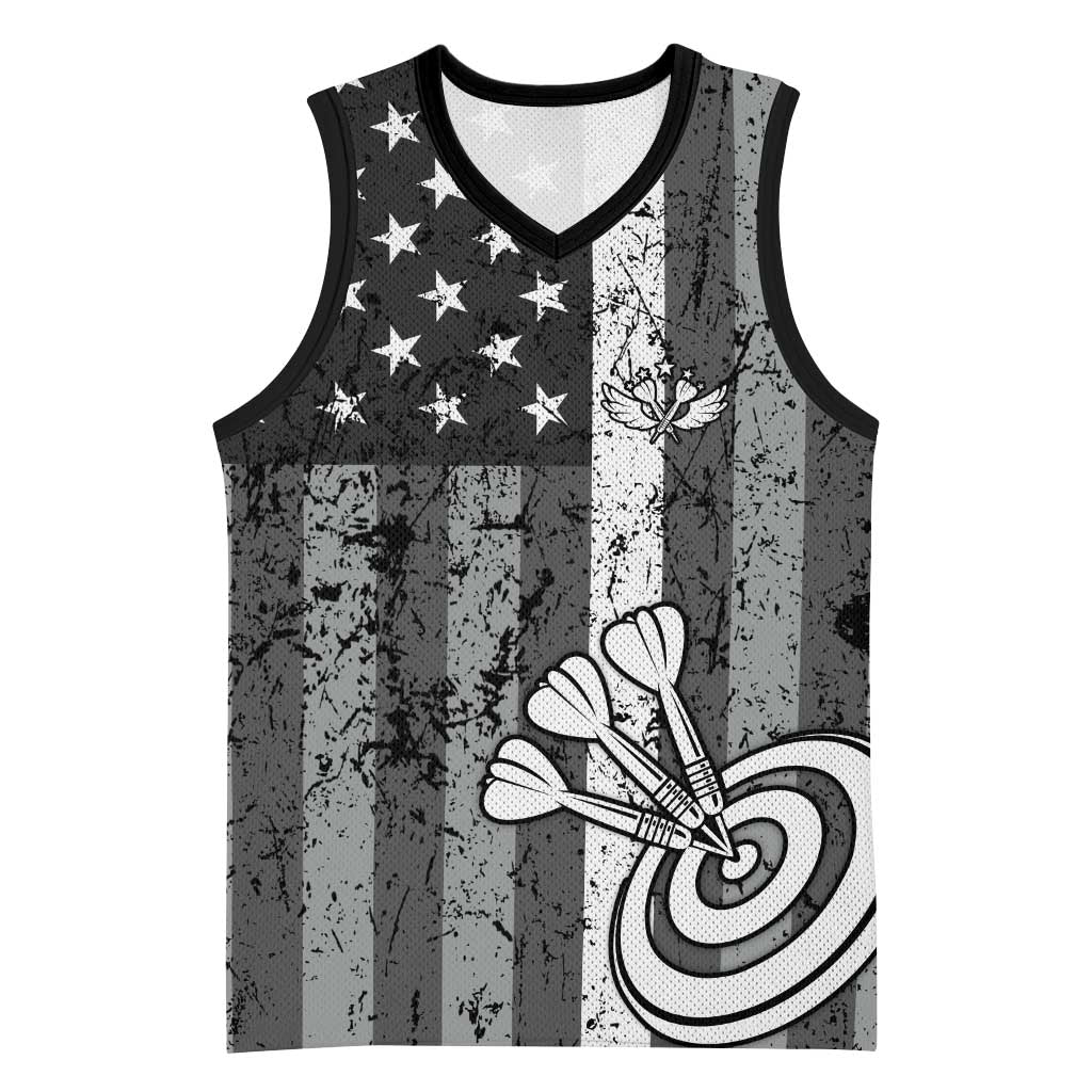 Grunge American Flag Darts Basketball Jersey with Dartboard Target and Black White Stars - Wonder Print Shop