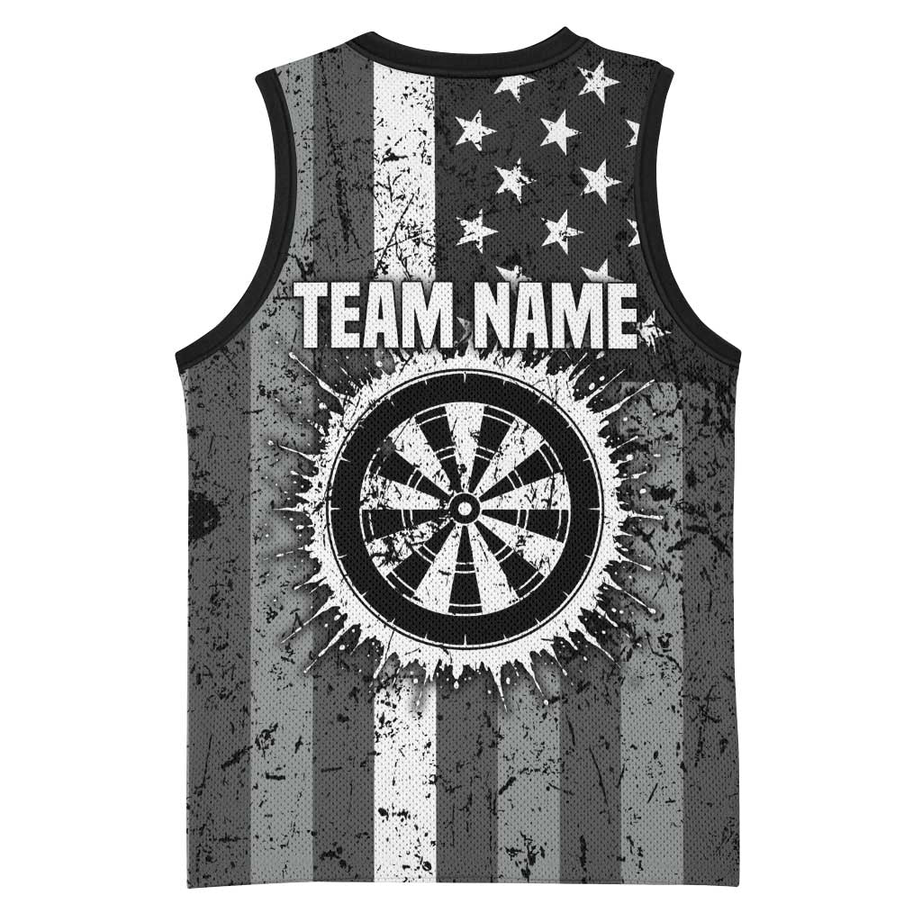Grunge American Flag Darts Basketball Jersey with Dartboard Target and Black White Stars - Wonder Print Shop