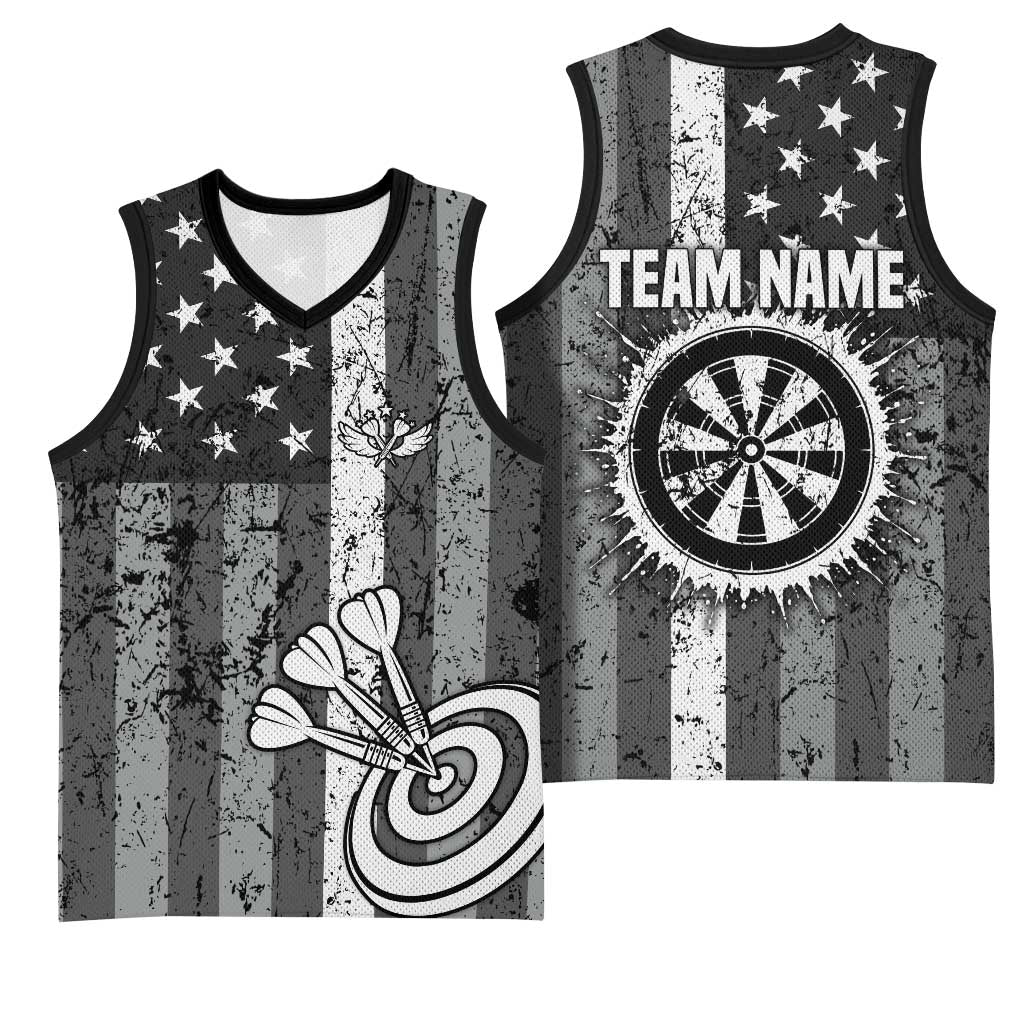 Grunge American Flag Darts Basketball Jersey with Dartboard Target and Black White Stars - Wonder Print Shop