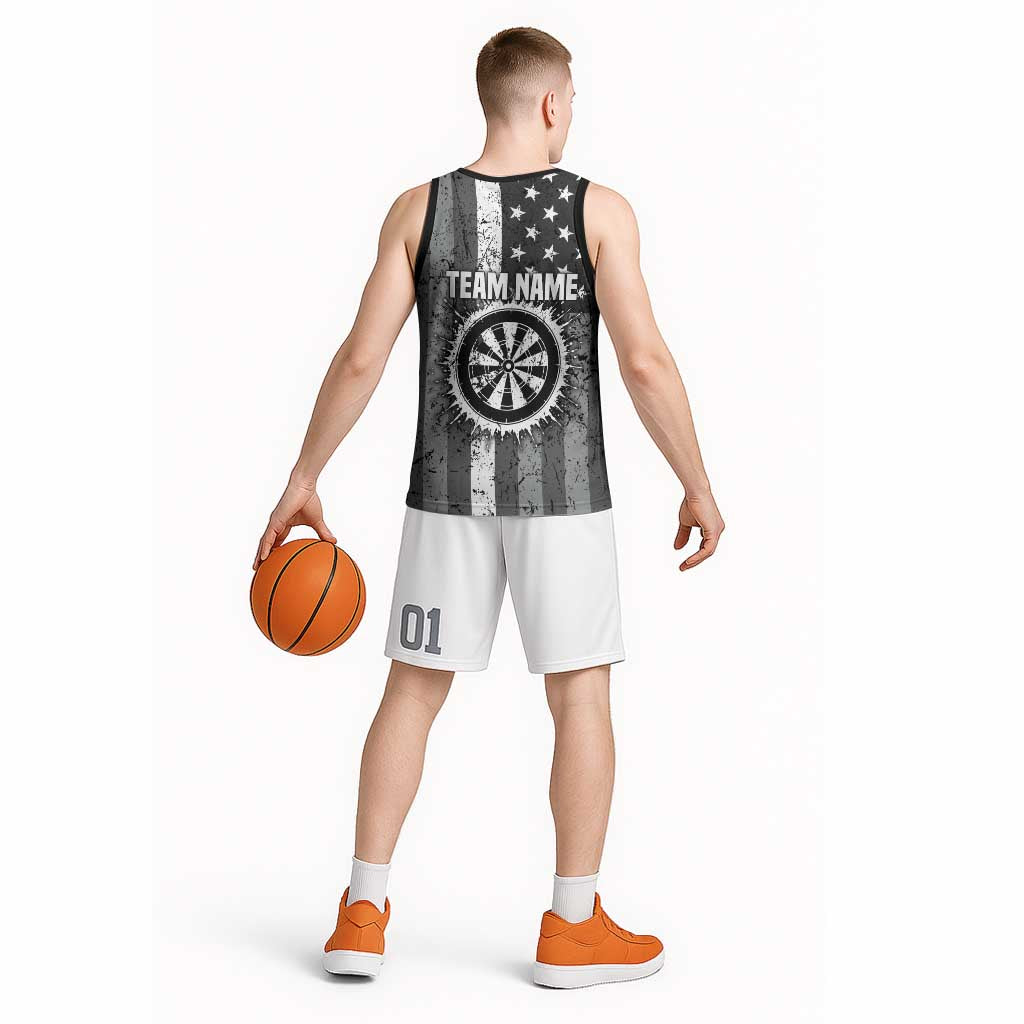 Grunge American Flag Darts Basketball Jersey with Dartboard Target and Black White Stars - Wonder Print Shop
