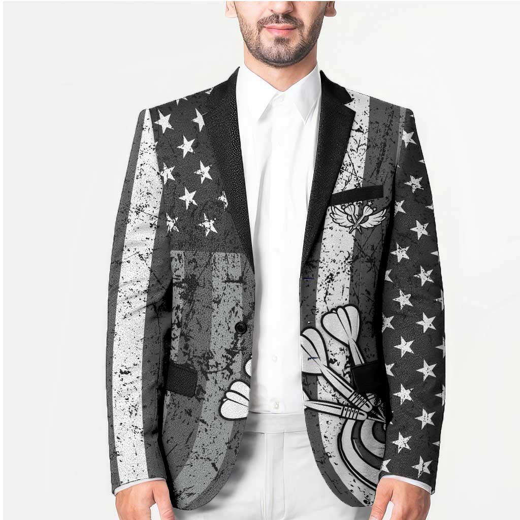 Grunge American Flag Darts Blazer with Dartboard Target and Black White Stars - Wonder Print Shop