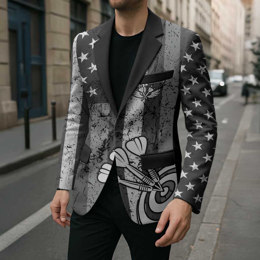 Grunge American Flag Darts Blazer with Dartboard Target and Black White Stars - Wonder Print Shop