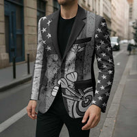 Grunge American Flag Darts Blazer with Dartboard Target and Black White Stars - Wonder Print Shop