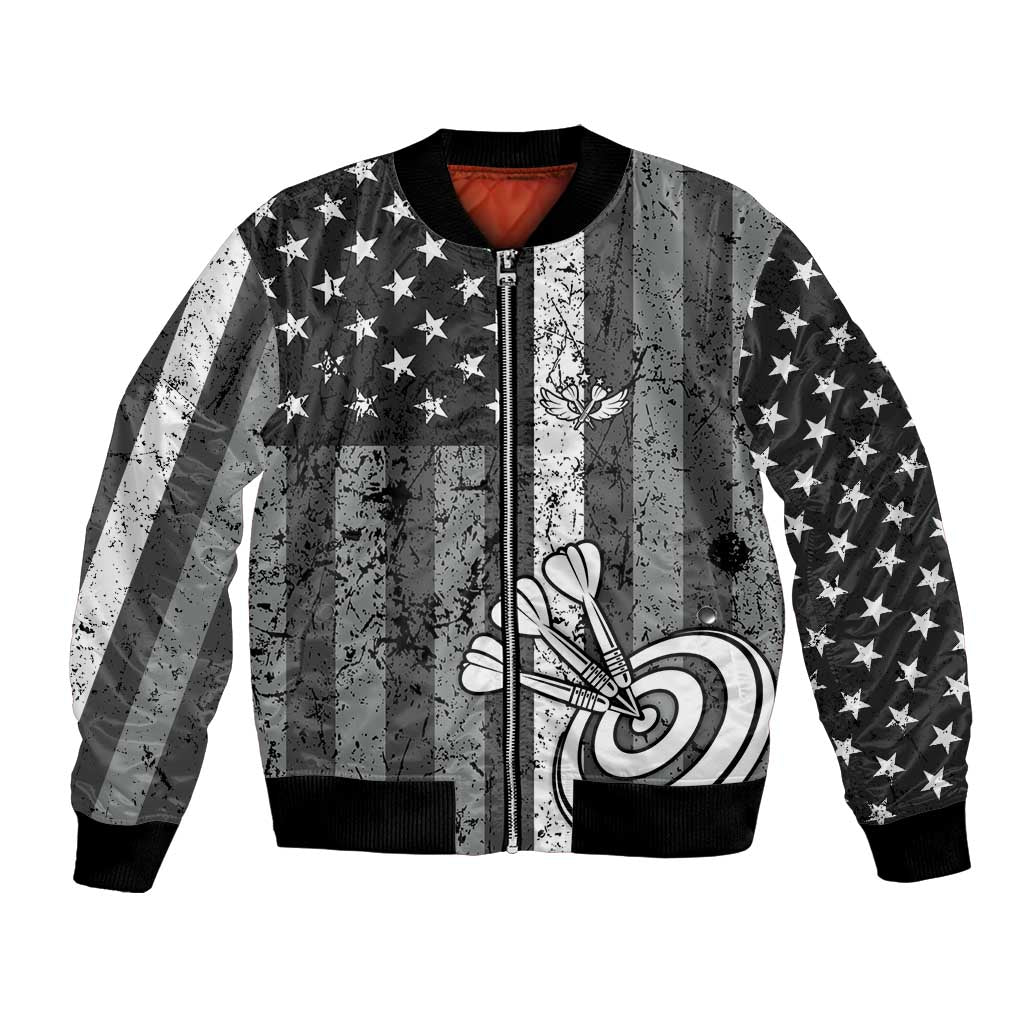 Grunge American Flag Darts Bomber Jacket with Dartboard Target and Black White Stars - Wonder Print Shop
