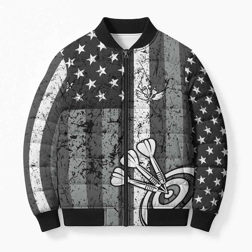 Grunge American Flag Darts Bomber Puffer Jacket with Dartboard Target and Black White Stars - Wonder Print Shop