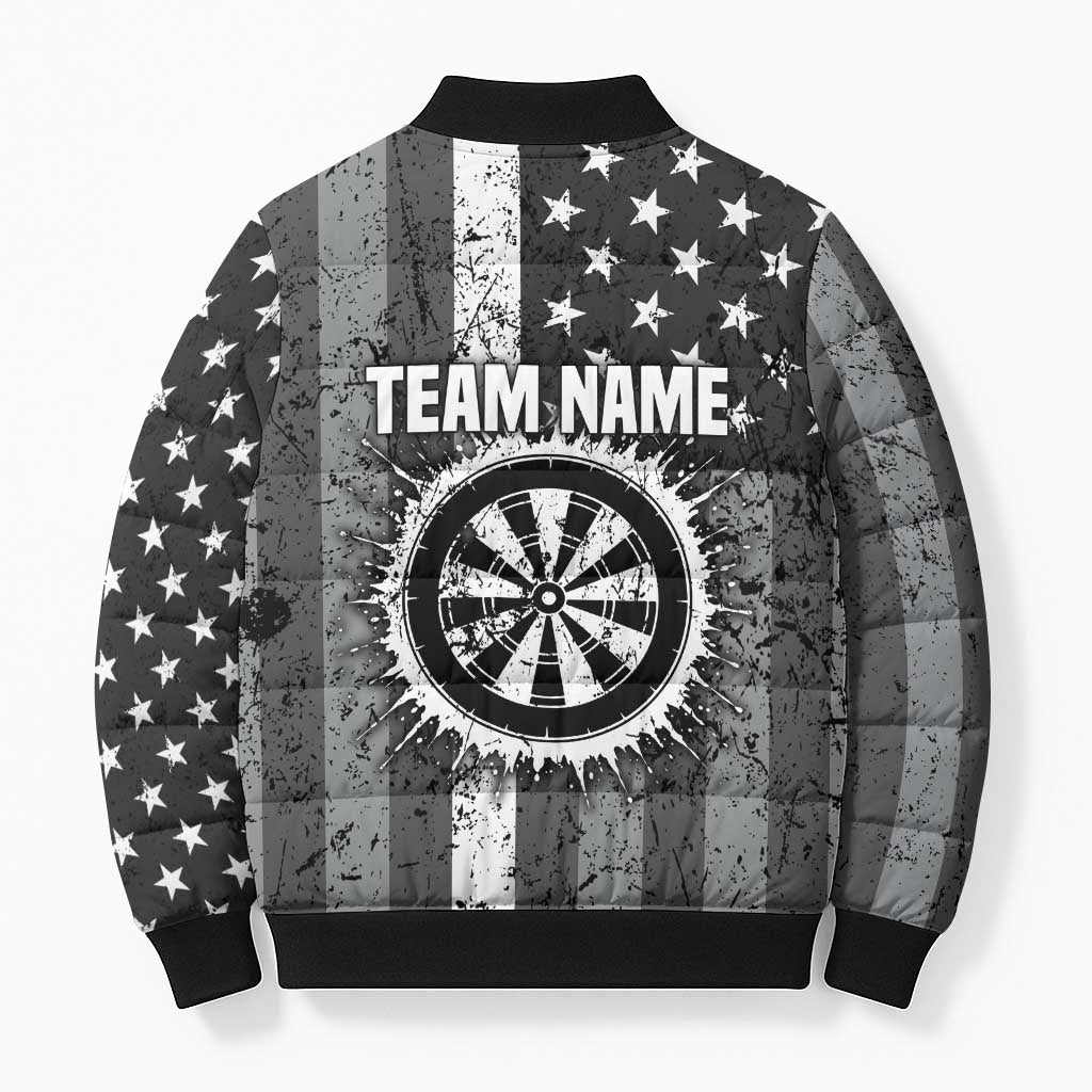 Grunge American Flag Darts Bomber Puffer Jacket with Dartboard Target and Black White Stars - Wonder Print Shop