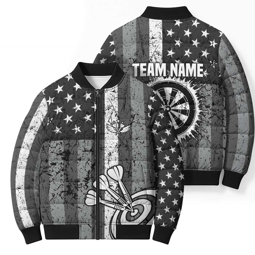 Grunge American Flag Darts Bomber Puffer Jacket with Dartboard Target and Black White Stars - Wonder Print Shop