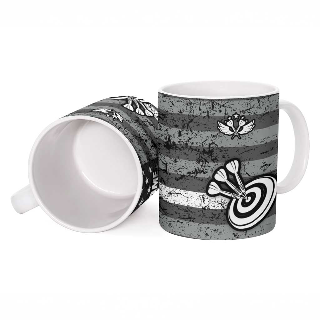 Grunge American Flag Darts Ceramic Mug with Dartboard Target and Black White Stars - Wonder Print Shop