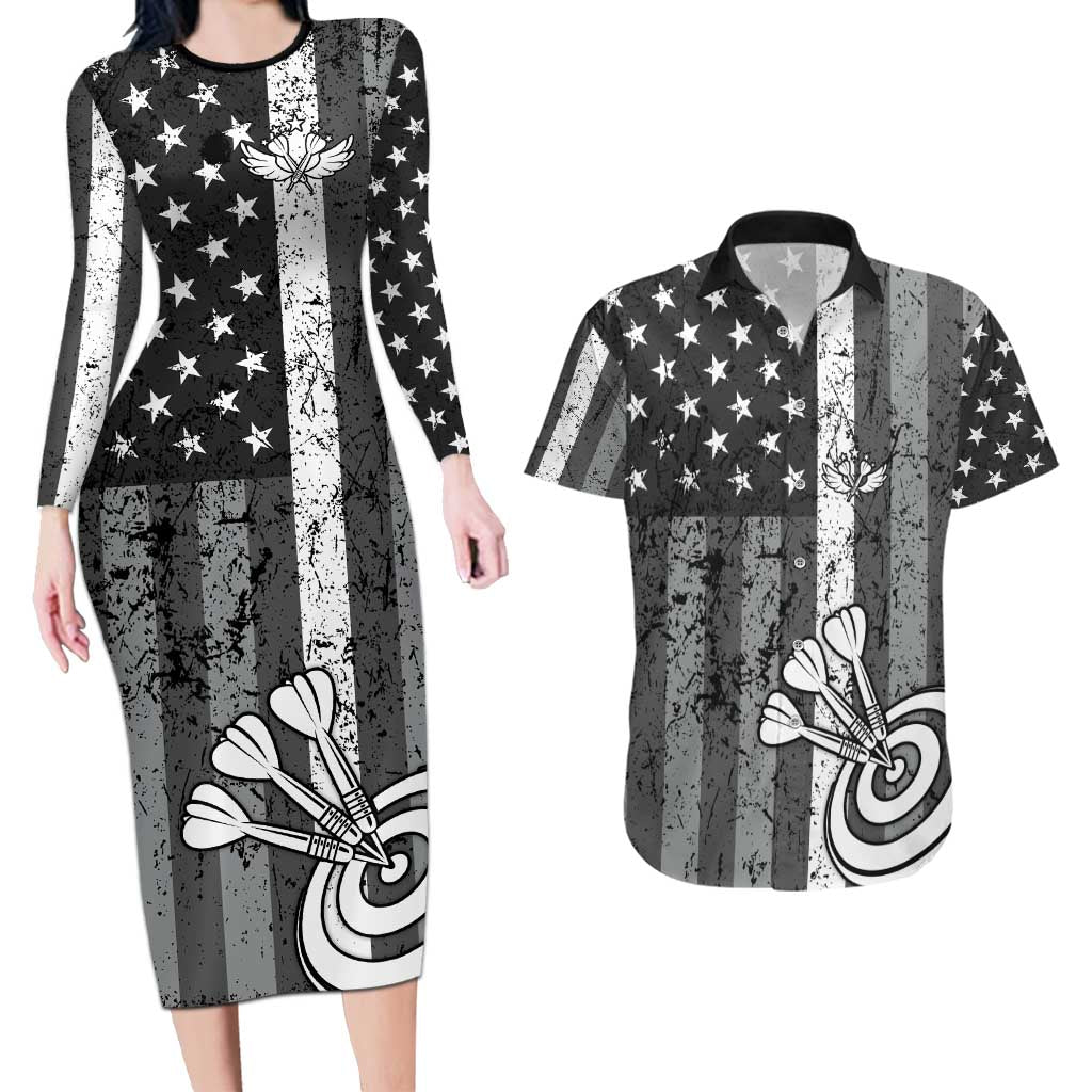 Grunge American Flag Darts Couples Matching Long Sleeve Bodycon Dress and Hawaiian Shirt with Dartboard Target and Black White Stars - Wonder Print Shop