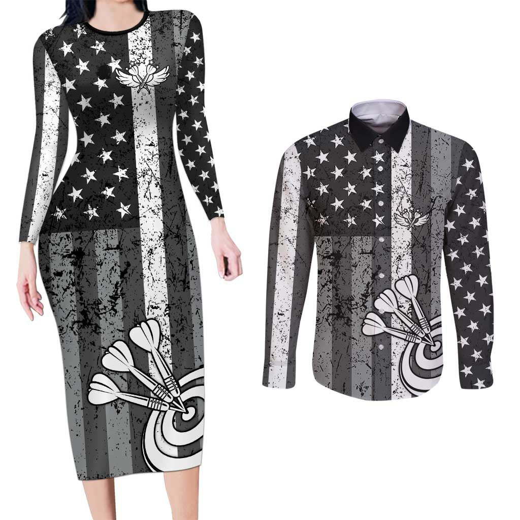 Grunge American Flag Darts Couples Matching Long Sleeve Bodycon Dress and Long Sleeve Button Shirt with Dartboard Target and Black White Stars - Wonder Print Shop