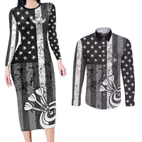 Grunge American Flag Darts Couples Matching Long Sleeve Bodycon Dress and Long Sleeve Button Shirt with Dartboard Target and Black White Stars - Wonder Print Shop