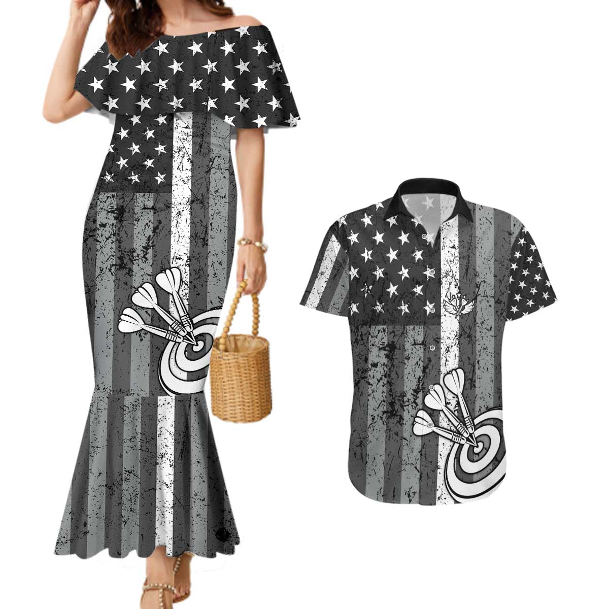 Grunge American Flag Darts Couples Matching Mermaid Dress and Hawaiian Shirt with Dartboard Target and Black White Stars - Wonder Print Shop