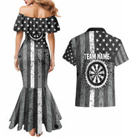 Grunge American Flag Darts Couples Matching Mermaid Dress and Hawaiian Shirt with Dartboard Target and Black White Stars - Wonder Print Shop