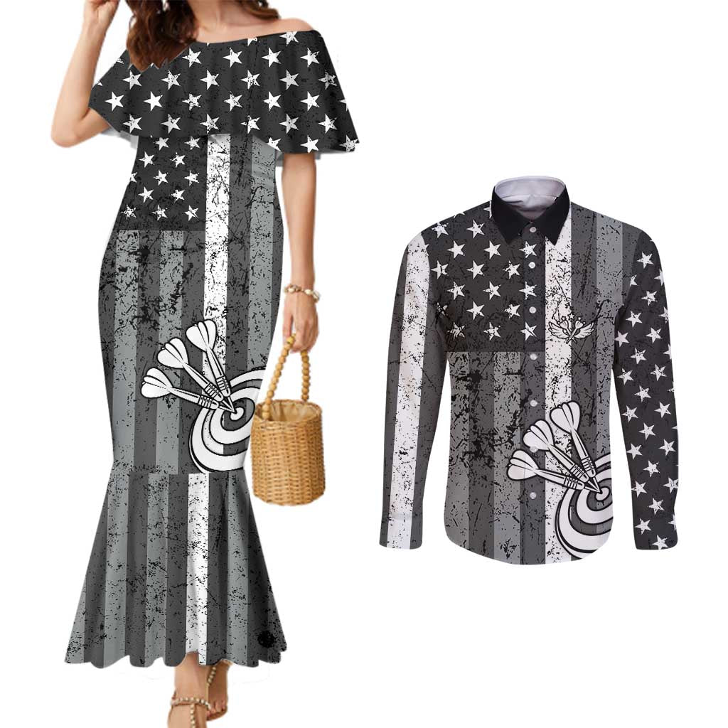 Grunge American Flag Darts Couples Matching Mermaid Dress and Long Sleeve Button Shirt with Dartboard Target and Black White Stars - Wonder Print Shop