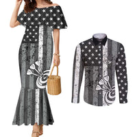 Grunge American Flag Darts Couples Matching Mermaid Dress and Long Sleeve Button Shirt with Dartboard Target and Black White Stars - Wonder Print Shop