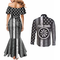 Grunge American Flag Darts Couples Matching Mermaid Dress and Long Sleeve Button Shirt with Dartboard Target and Black White Stars - Wonder Print Shop