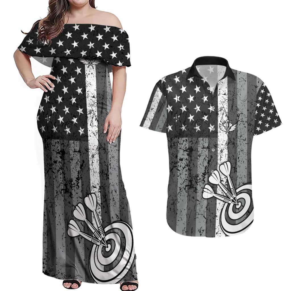 Grunge American Flag Darts Couples Matching Off Shoulder Maxi Dress and Hawaiian Shirt with Dartboard Target and Black White Stars - Wonder Print Shop