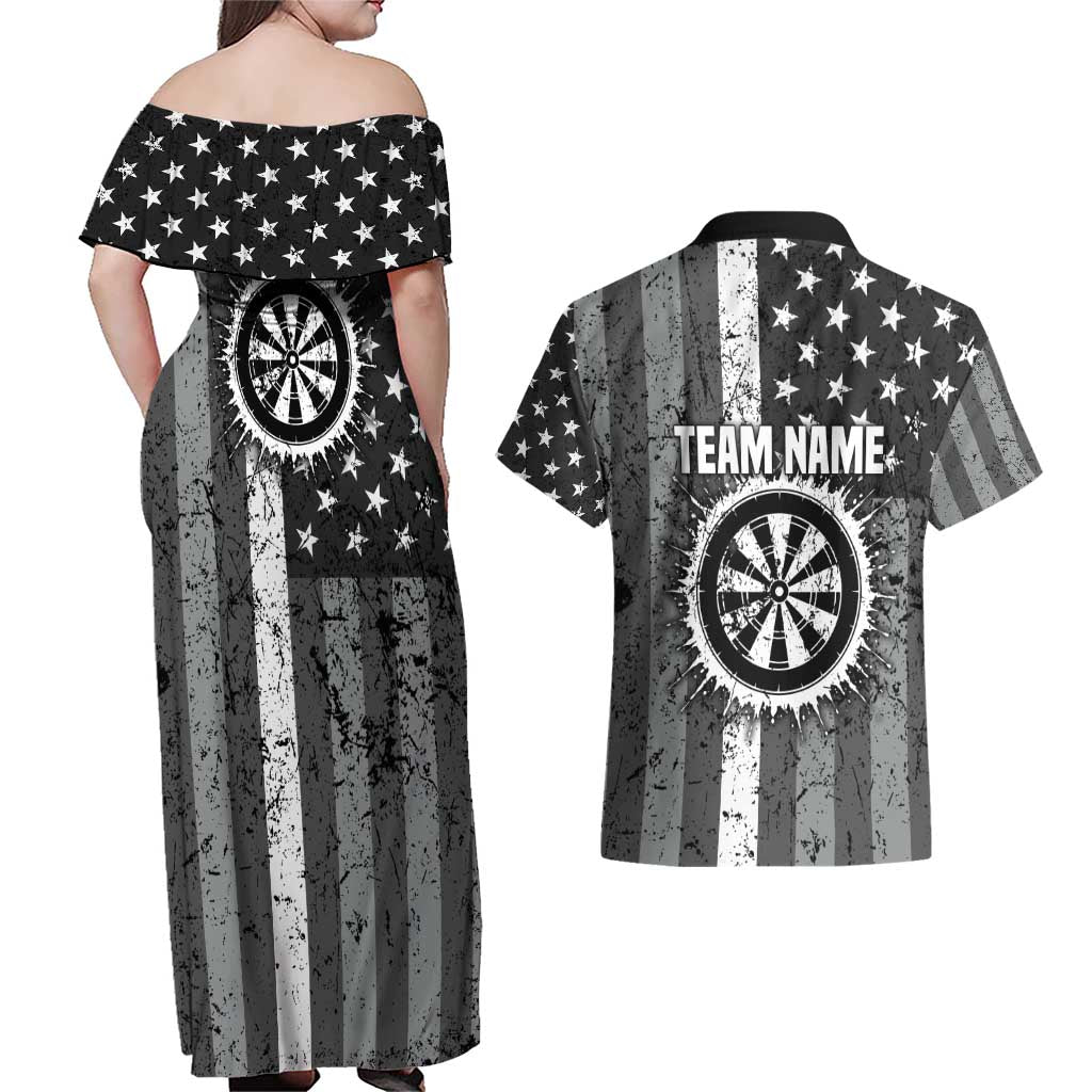 Grunge American Flag Darts Couples Matching Off Shoulder Maxi Dress and Hawaiian Shirt with Dartboard Target and Black White Stars - Wonder Print Shop