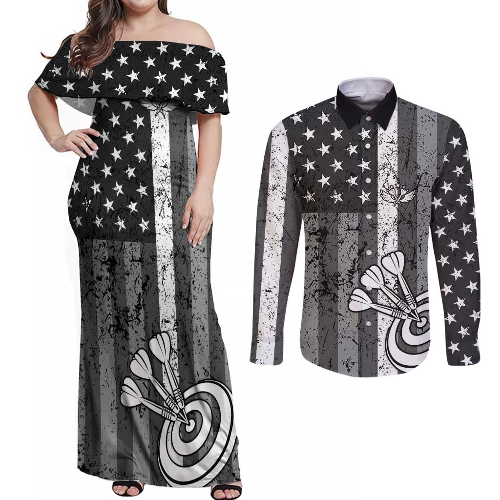 Grunge American Flag Darts Couples Matching Off Shoulder Maxi Dress and Long Sleeve Button Shirt with Dartboard Target and Black White Stars - Wonder Print Shop