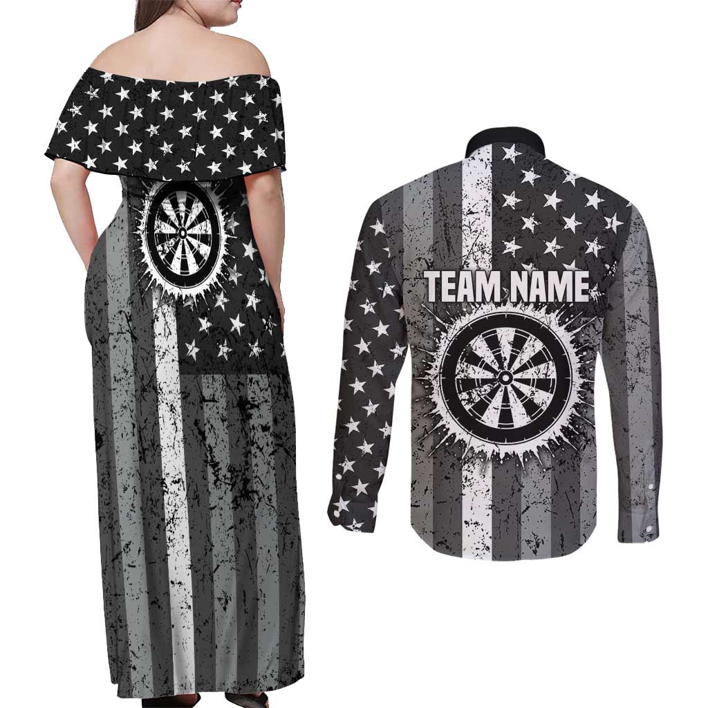 Grunge American Flag Darts Couples Matching Off Shoulder Maxi Dress and Long Sleeve Button Shirt with Dartboard Target and Black White Stars - Wonder Print Shop