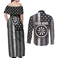 Grunge American Flag Darts Couples Matching Off Shoulder Maxi Dress and Long Sleeve Button Shirt with Dartboard Target and Black White Stars - Wonder Print Shop