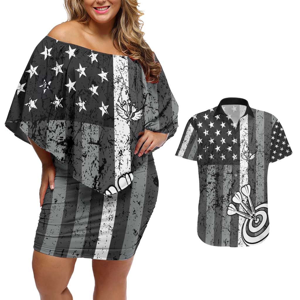 Grunge American Flag Darts Couples Matching Off Shoulder Short Dress and Hawaiian Shirt with Dartboard Target and Black White Stars - Wonder Print Shop