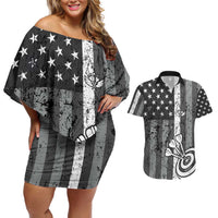 Grunge American Flag Darts Couples Matching Off Shoulder Short Dress and Hawaiian Shirt with Dartboard Target and Black White Stars - Wonder Print Shop
