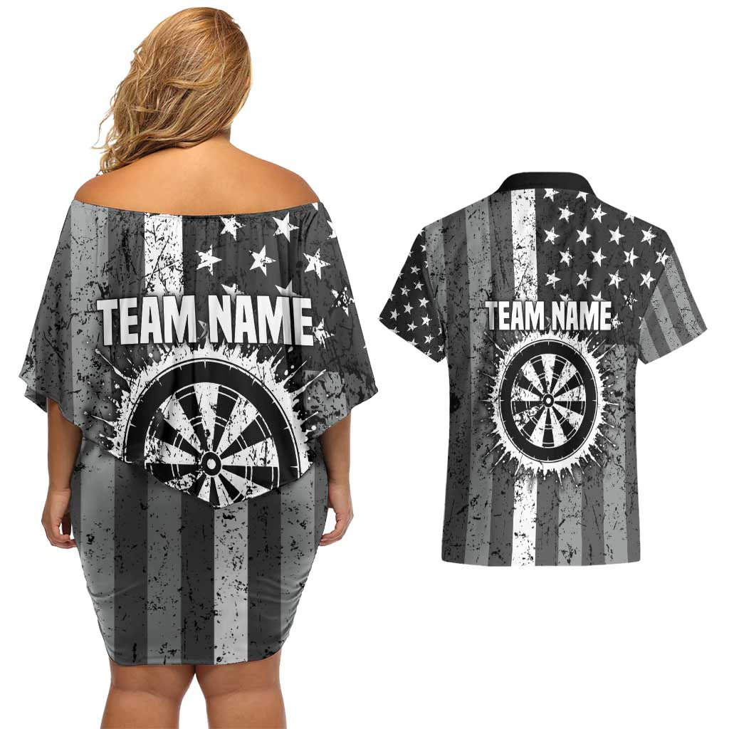 Grunge American Flag Darts Couples Matching Off Shoulder Short Dress and Hawaiian Shirt with Dartboard Target and Black White Stars - Wonder Print Shop