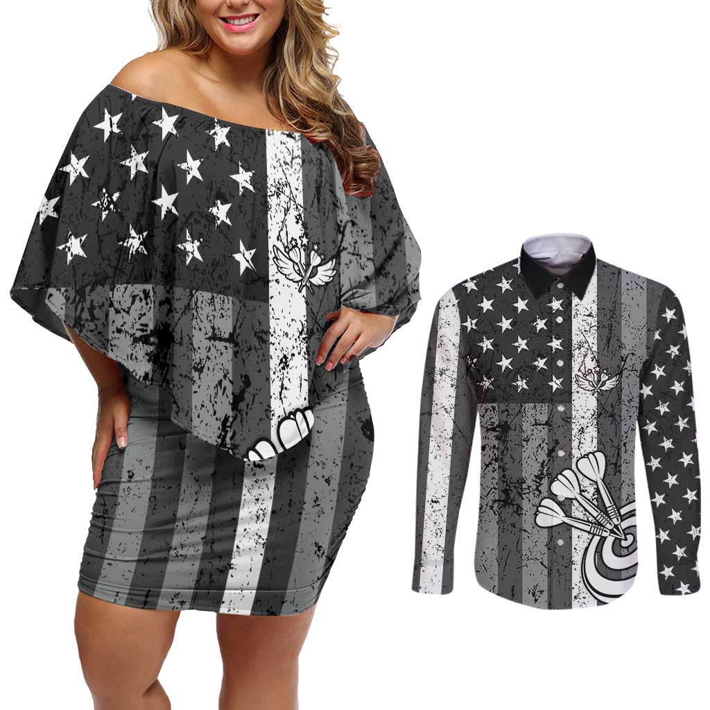 Grunge American Flag Darts Couples Matching Off Shoulder Short Dress and Long Sleeve Button Shirt with Dartboard Target and Black White Stars - Wonder Print Shop