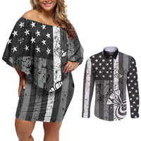 Grunge American Flag Darts Couples Matching Off Shoulder Short Dress and Long Sleeve Button Shirt with Dartboard Target and Black White Stars - Wonder Print Shop